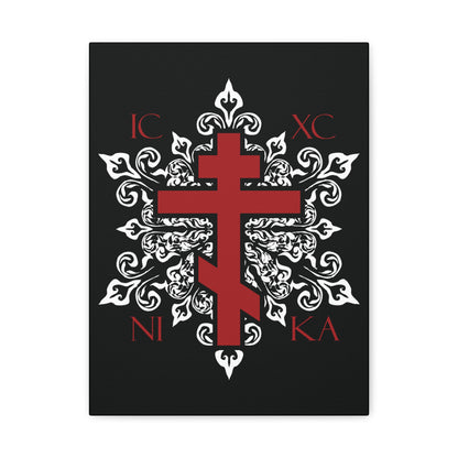 ICXC / NIKA Red Orthodox Cross on Ornate White Medieval Floral Design | Exclusive Best-Selling | Orthodox Christian Canvas Art