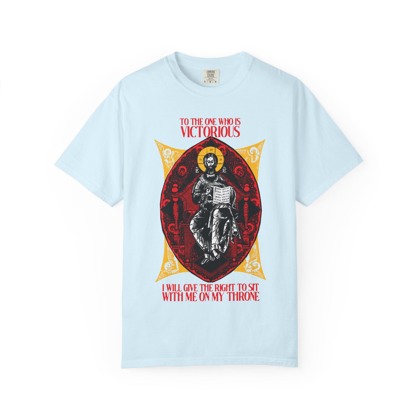 Chambray Christ is King, Enthroned In Glory Tee features a crowned figure and red text: "To the One Who Is Victorious" (Rev 3:21). Celebrate reigning with Christ in this heavyweight Orthodox Christian unisex shirt.