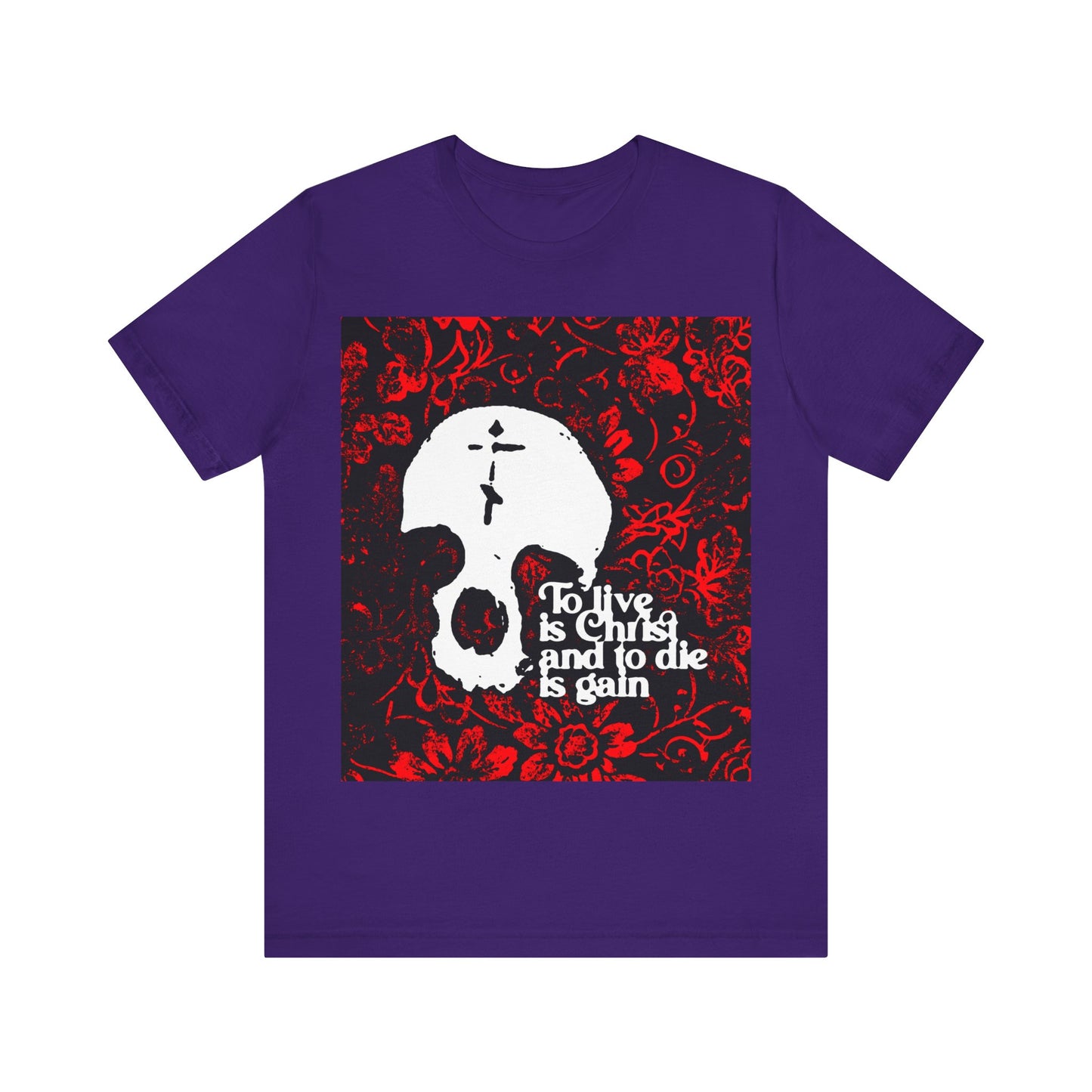 To Live is Christ To Die is Gain (Phil 1:21) | Skull with Cross on Red Floral Texture | Orthodox Christian Cotton T-Shirt