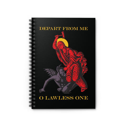 The "St Marina IconoGraphic (Depart from Me O Lawless One)" Orthodox spiral notebook features Saint Marina defeating the devil with a hammer, alongside the text “DEPART FROM ME O LAWLESS ONE” in yellow.