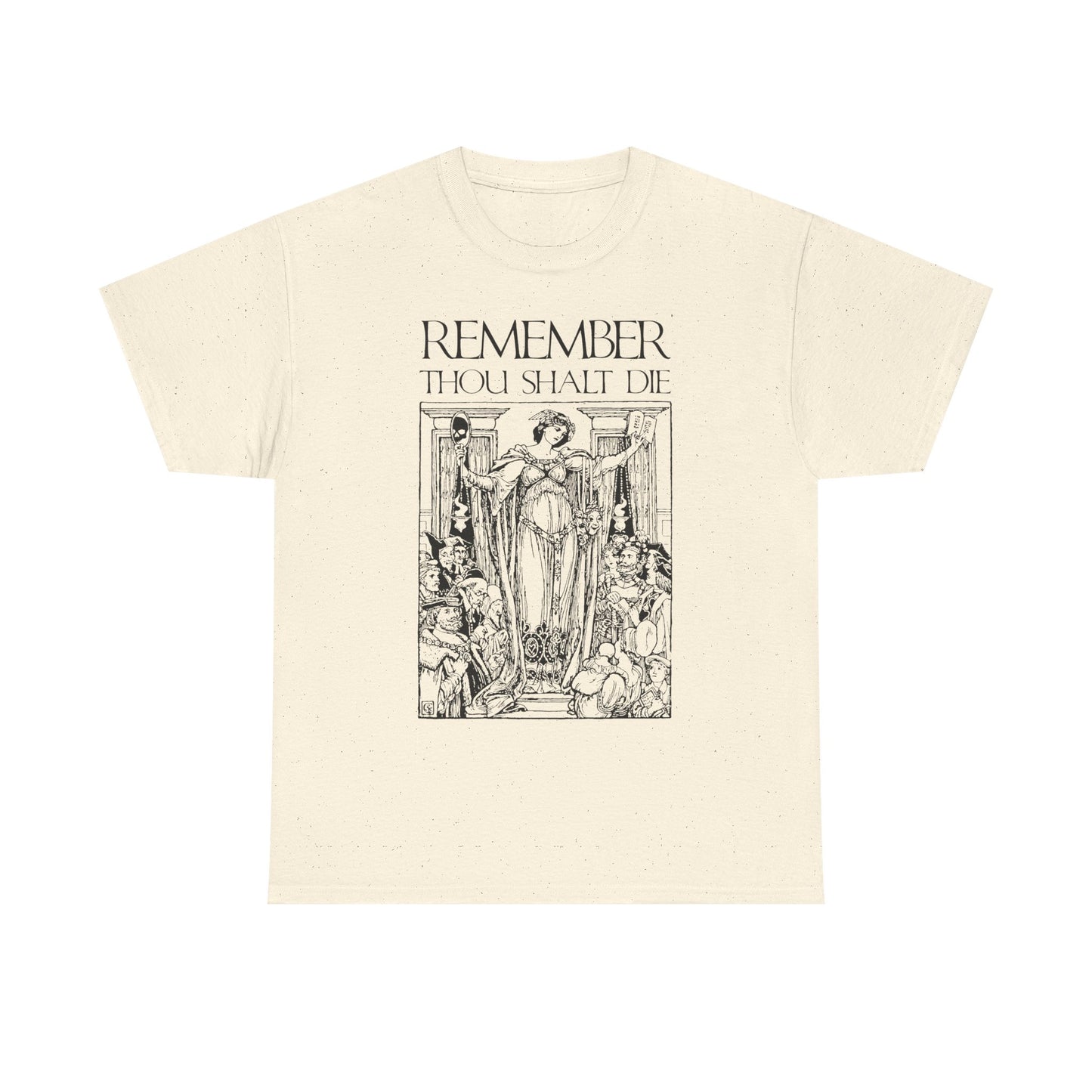 Natural t-shirt with classic woodcut illustration and "Remember You Will Die" Shakespearean design, inspired by Memento Mori and Christian themes. Heavy cotton for comfort.