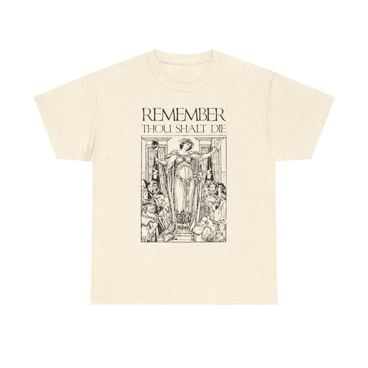 Natural t-shirt with classic woodcut illustration and "Remember You Will Die" Shakespearean design, inspired by Memento Mori and Christian themes. Heavy cotton for comfort.