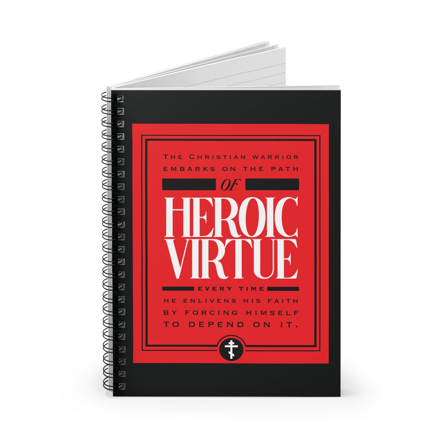 The "Christian Warrior | Path of Heroic Virtue" spiral notebook is perfect for jotting down Bible verses or reflections, featuring a red and black cover with an inspiring devotional quote from Phil 4:13.