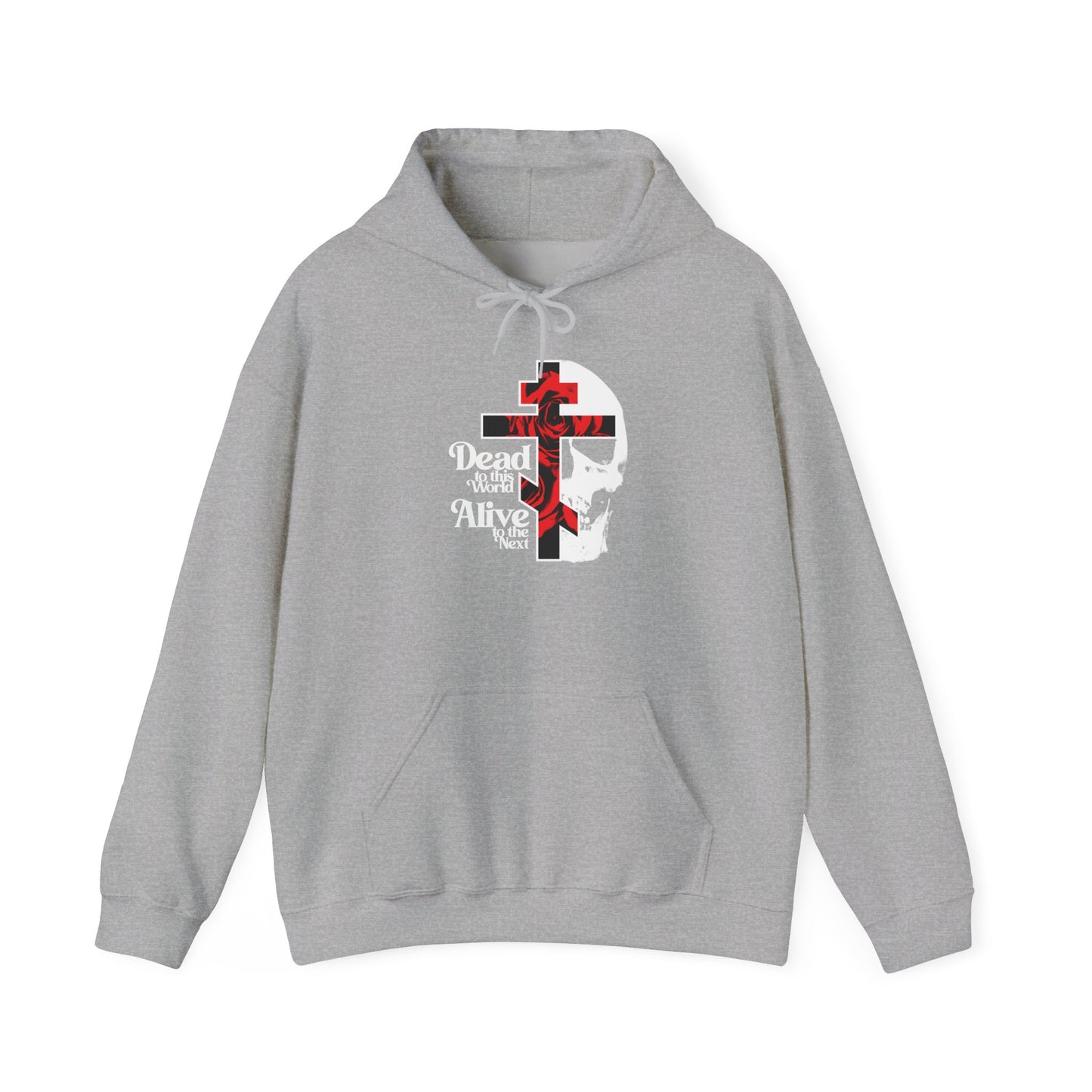 Sport Grey "Dead to this World" Orthodox Christian hoodie featuring a flower-adorned cross, skull, and 70s-inspired typography that reads "Dead with Christ Alive with Christ" on the front—symbolizing spiritual transformation and renunciation of the worldly life, inspired by The Ladder of Divine Ascent.