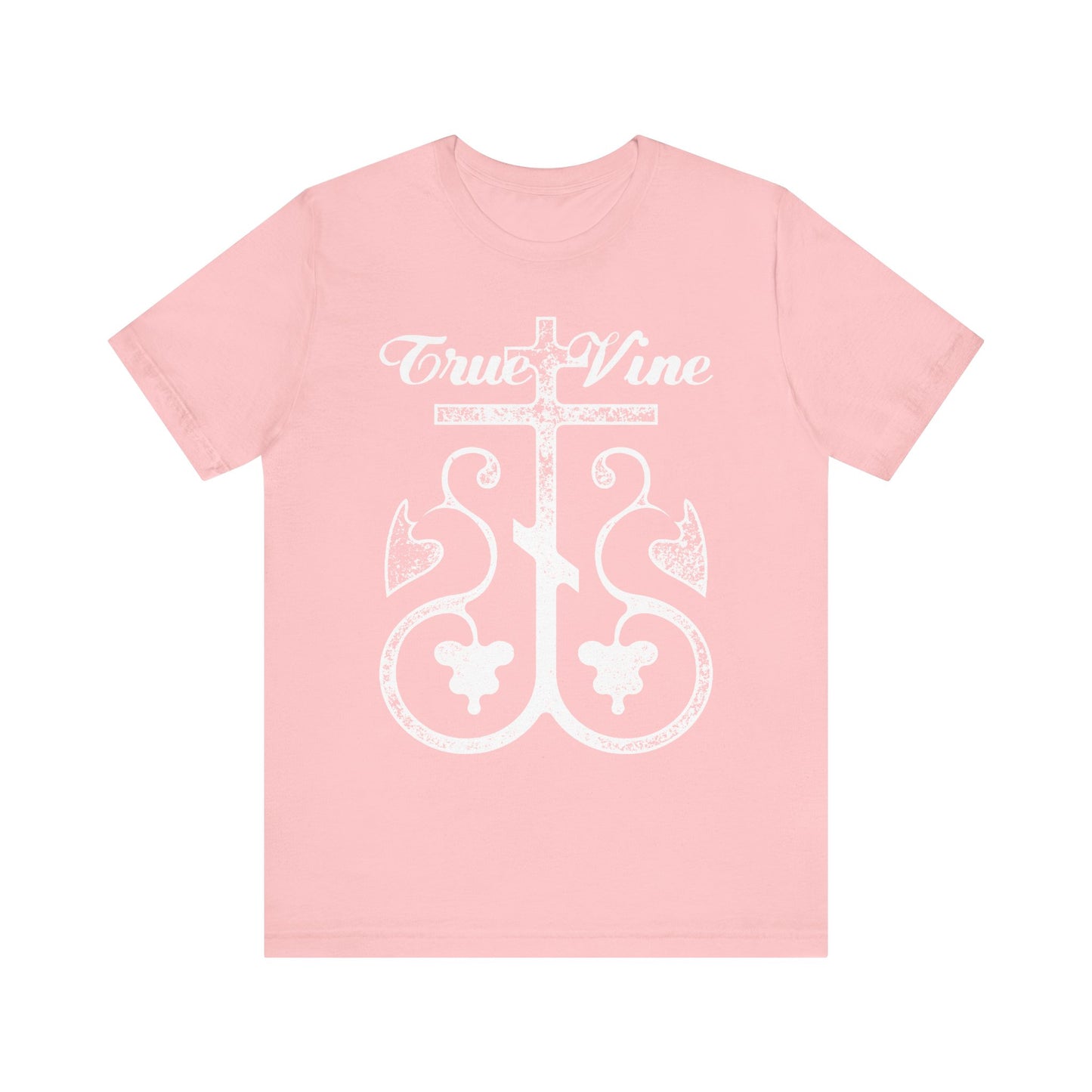 Pink “I Am the True Vine” unisex t-shirt features an Orthodox cross with grape vine, inspired by John 15 and Ezekiel 15, in a photocopy graphic on lightweight cotton.