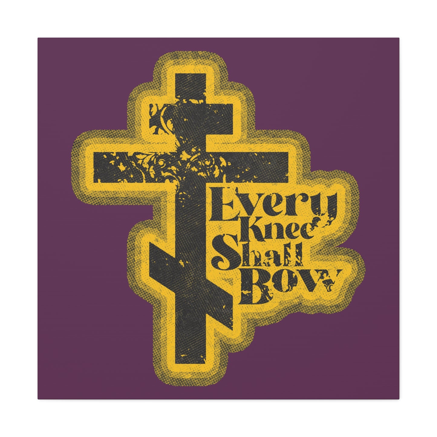 Featuring a 70s distressed halftone comic book aesthetic, this Christian wall art shows a yellow-outlined cross with "Every Knee Shall Bow" and Philippians 2:10-11, Isaiah 45:23 on a purple background.