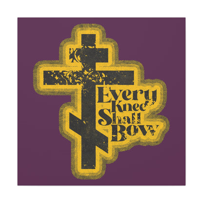 Featuring a 70s distressed halftone comic book aesthetic, this Christian wall art shows a yellow-outlined cross with "Every Knee Shall Bow" and Philippians 2:10-11, Isaiah 45:23 on a purple background.