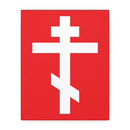The "White Orthodox Cross Red Background" canvas art features a white Orthodox cross on red, with Galatians 6:14: "May I never boast, except in the cross of our Lord Jesus Christ.
