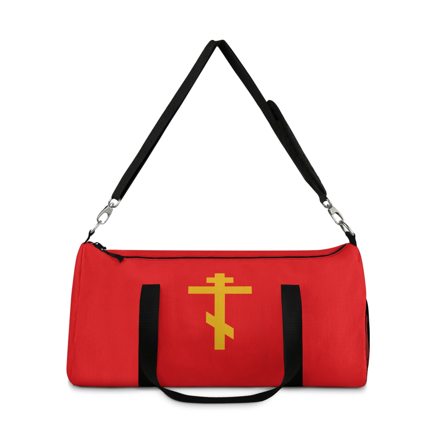 Red gym duffel bag with black straps displays a yellow Orthodox cross design—Precious and Life-Giving Weapon of Unseen Warfare, Scourge of Demons. Inspired by Galatians 2:20: “crucified with Christ”—a bold statement of faith.