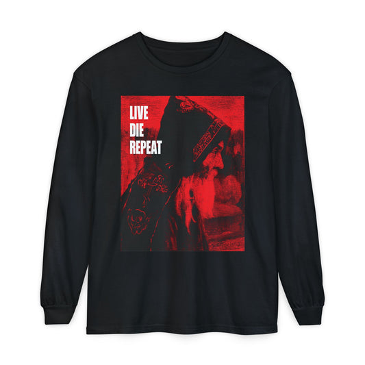 Black long-sleeve cotton shirt featuring "Live Die Repeat" text and a design inspired by Mikhail Nesterov's "Monk," themed around ascetic Christianity and Orthodox motifs.