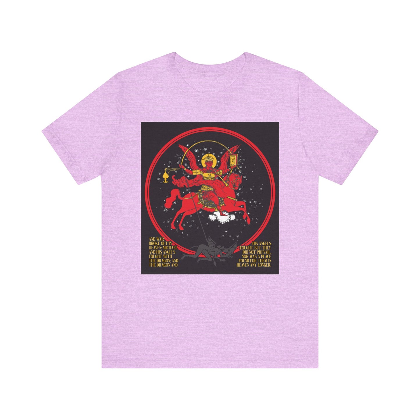 Heather Prism Lilac "Archangel Michael of the Apocalypse Iconographic" double-sided tee: features Michael as a winged figure on a red horse, bow drawn, in a red circle with gold text referencing Revelation 12:7-9. Lightweight cotton.