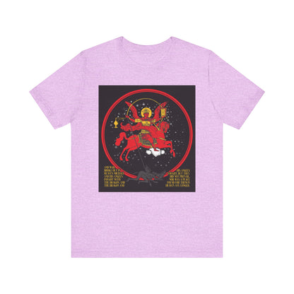 Heather Prism Lilac "Archangel Michael of the Apocalypse Iconographic" double-sided tee: features Michael as a winged figure on a red horse, bow drawn, in a red circle with gold text referencing Revelation 12:7-9. Lightweight cotton.