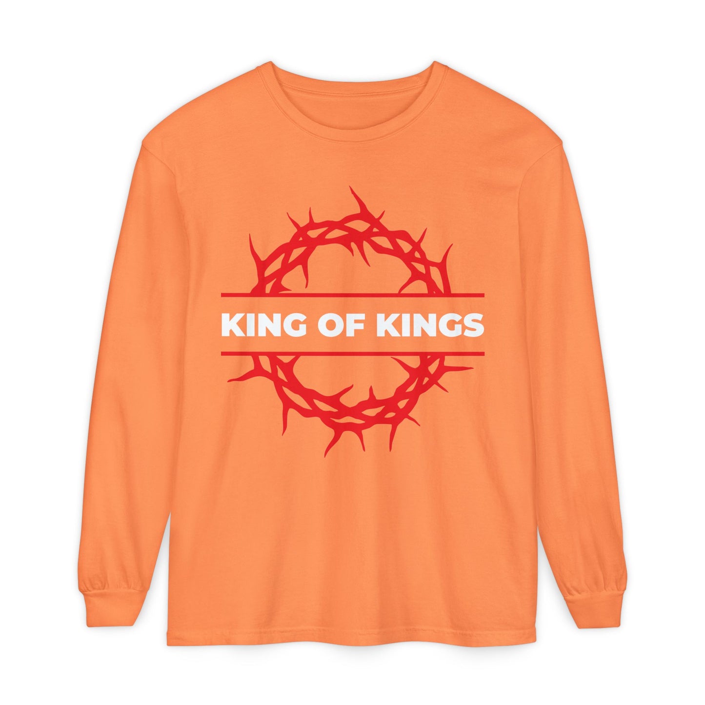 Melon long-sleeve cotton shirt with a red crown of thorns and "KING OF KINGS" text on the front, inspired by Revelation 19:16. King of Kings Crown of Thorns | The King of Glory | Christ is King.