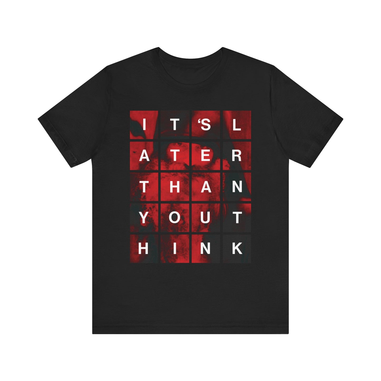 Black "It’s Later Than You Think" lightweight cotton unisex tee featuring a modern block red grid graphic and white lettering—a meaningful reminder about repentance and the urgency of seeking salvation, inspired by St. Seraphim Rose.