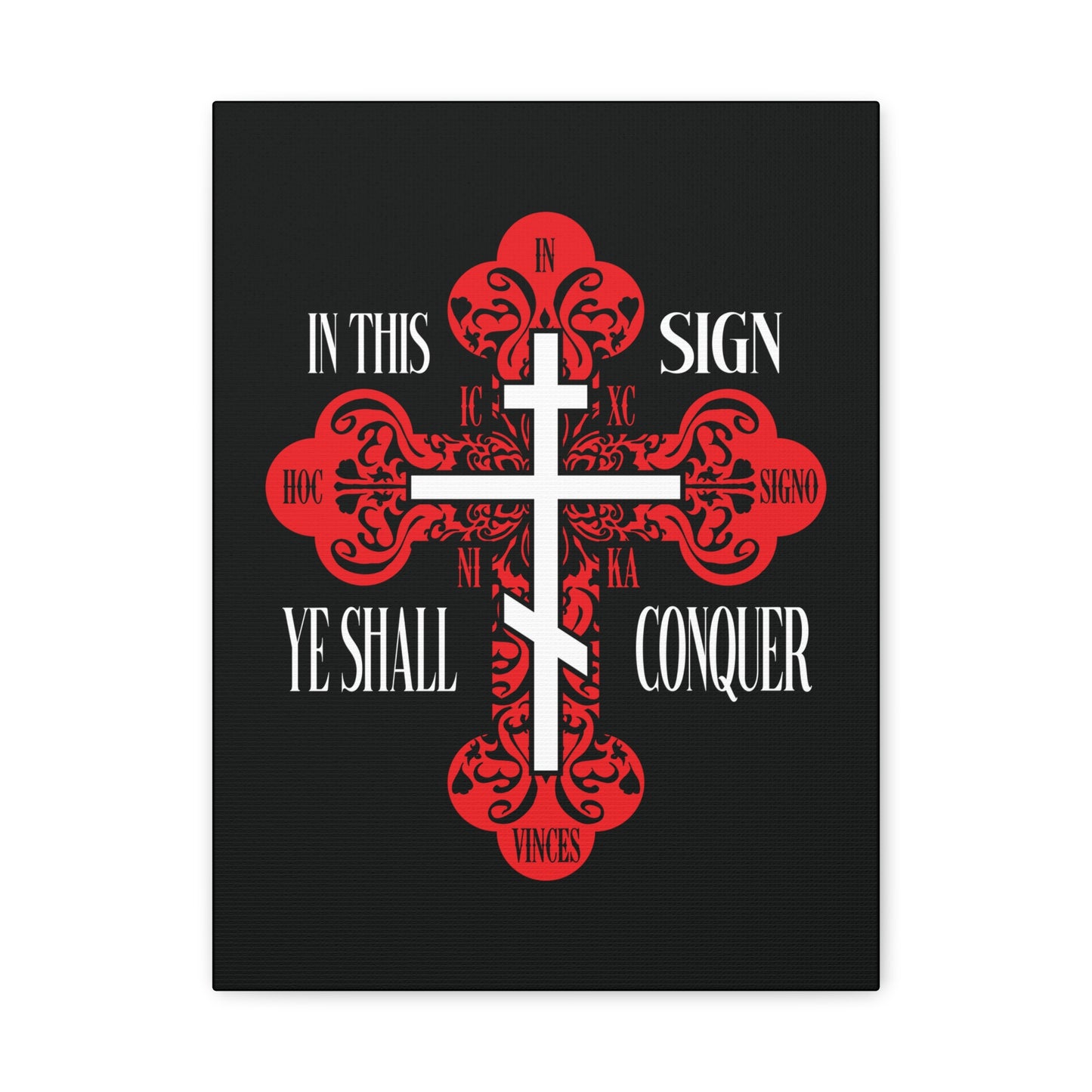 A red ornate Orthodox cross with "In This Sign Ye Shall Conquer" (ICXC NIKA), symbolizing Jesus Christ’s victory, on a black background. Christian wall art inspired by the phrase "In Hoc Signo Vinces.
