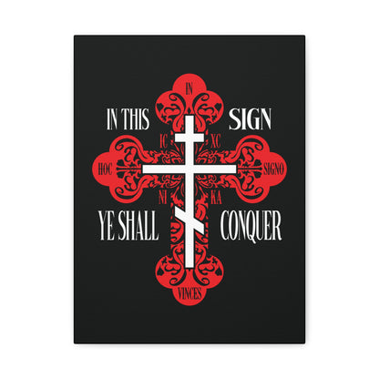A red ornate Orthodox cross with "In This Sign Ye Shall Conquer" (ICXC NIKA), symbolizing Jesus Christ’s victory, on a black background. Christian wall art inspired by the phrase "In Hoc Signo Vinces.