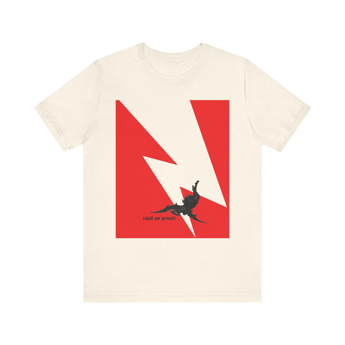 Natural lightweight cotton unisex tee featuring a minimalist red and white lightning bolt design with a small black dragon and "shall not prevail" text, inspired by Luke 10:18 and Satan's fall from heaven.
