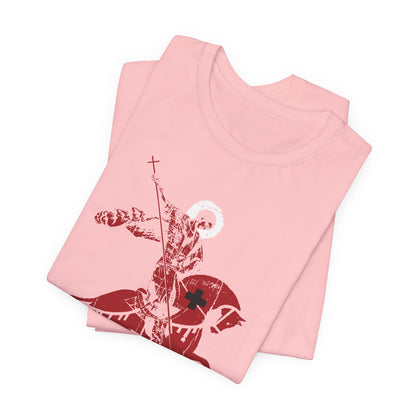 Those Who Mourn Over Their Sins lightweight pink cotton unisex tees, featuring a St George Slaying the Dragon iconographic design inspired by St John Climacus’ Orthodox Christian teachings on godly mourning.