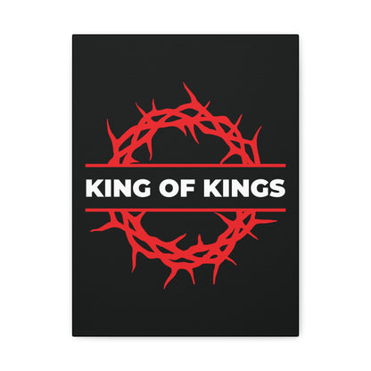Featuring a black background with a red crown of thorns and bold white "KING OF KINGS" text, this canvas art—King of Kings Crown of Thorns—celebrates Christ the King from Revelation 19:16.