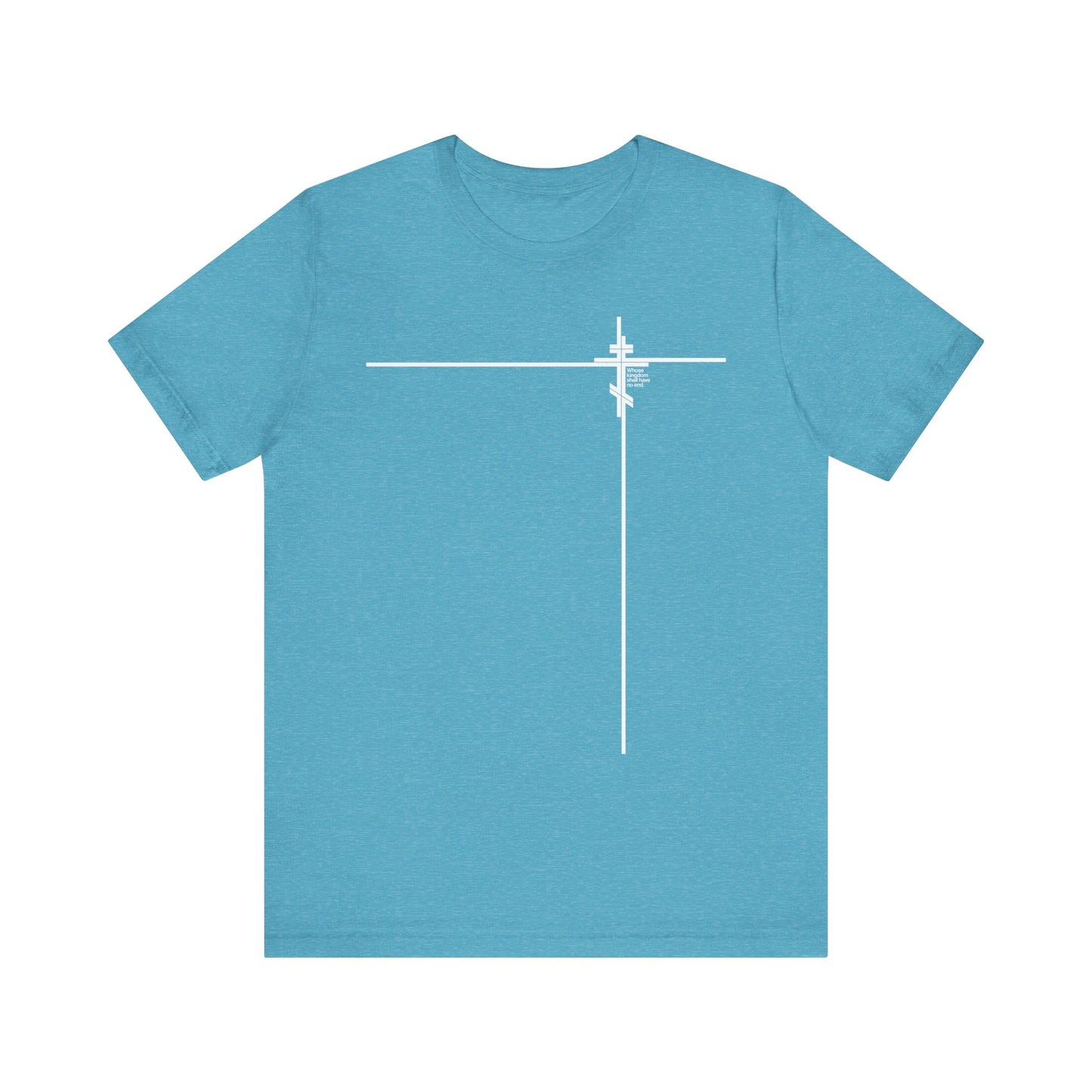 Sure! Here’s a rewritten version using the product data: Lightweight blue cotton unisex t-shirt featuring a small minimalist Orthodox cross design and "Whose Kingdom Shall Have No End" text in the upper right chest, inspired by Luke 1:32-33.