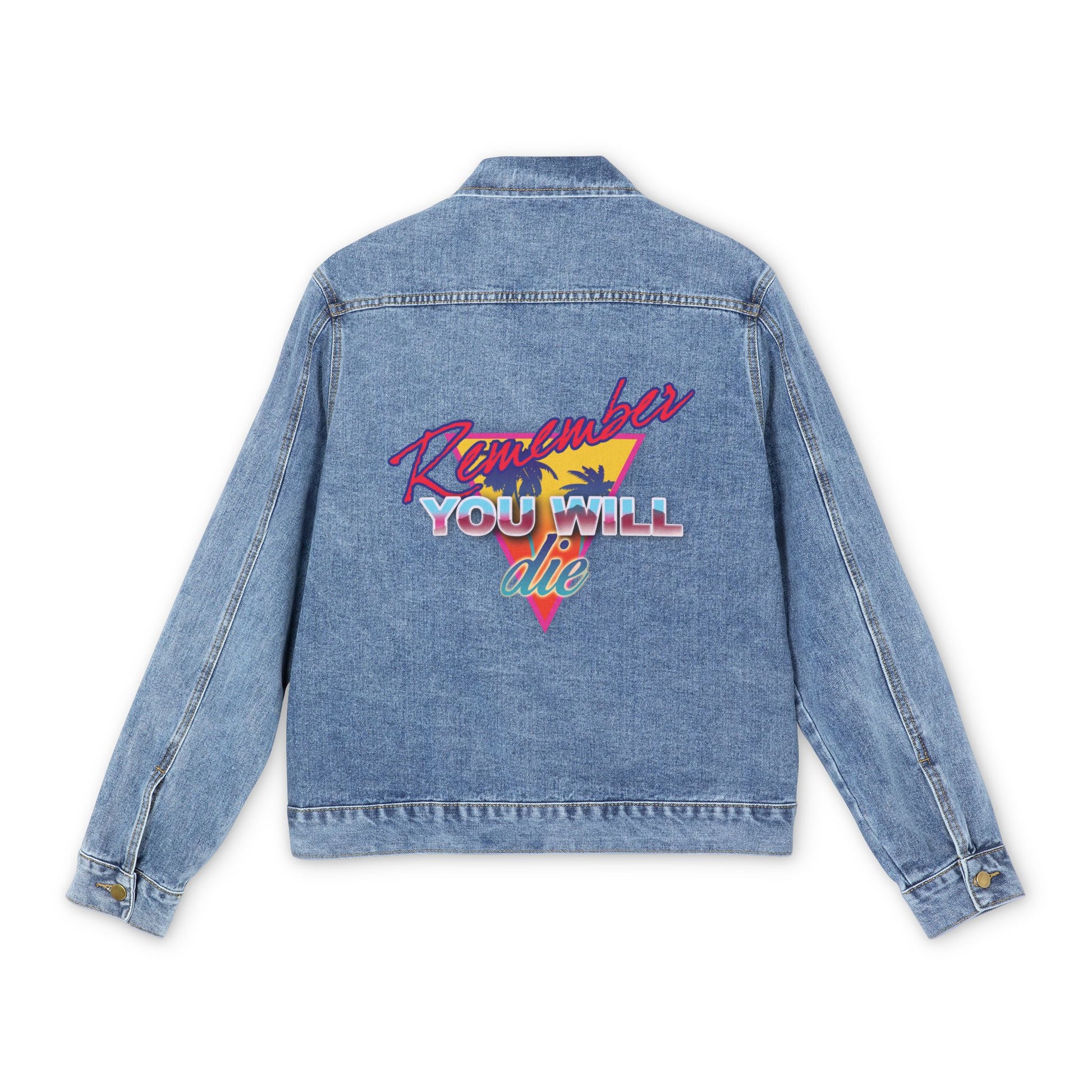 Medium denim wash jacket featuring "Remember You Will Die" in colorful 80s retro synthwave style with palm tree graphic—a nostalgic Orthodox Christian nod to memento mori, inspired by St. John Climacus and the Ladder of Divine Ascent.
