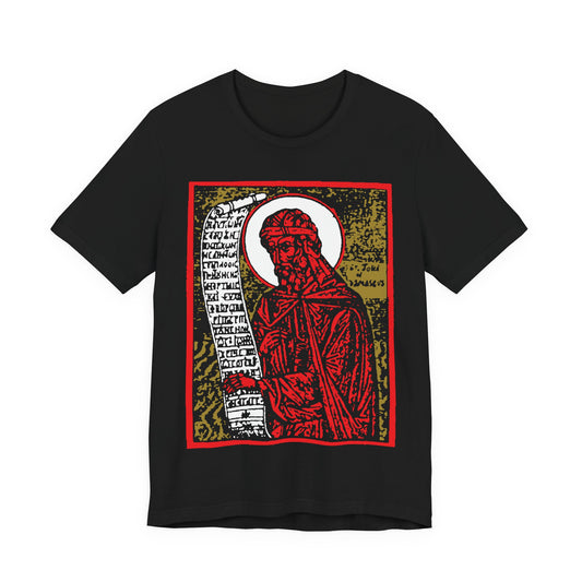 St. John of Damascus Icono-Graphic | Orthodox Christian Saint | Red Gold & Black High Contrast Design | Orthodox Christian Cotton T-Shirt