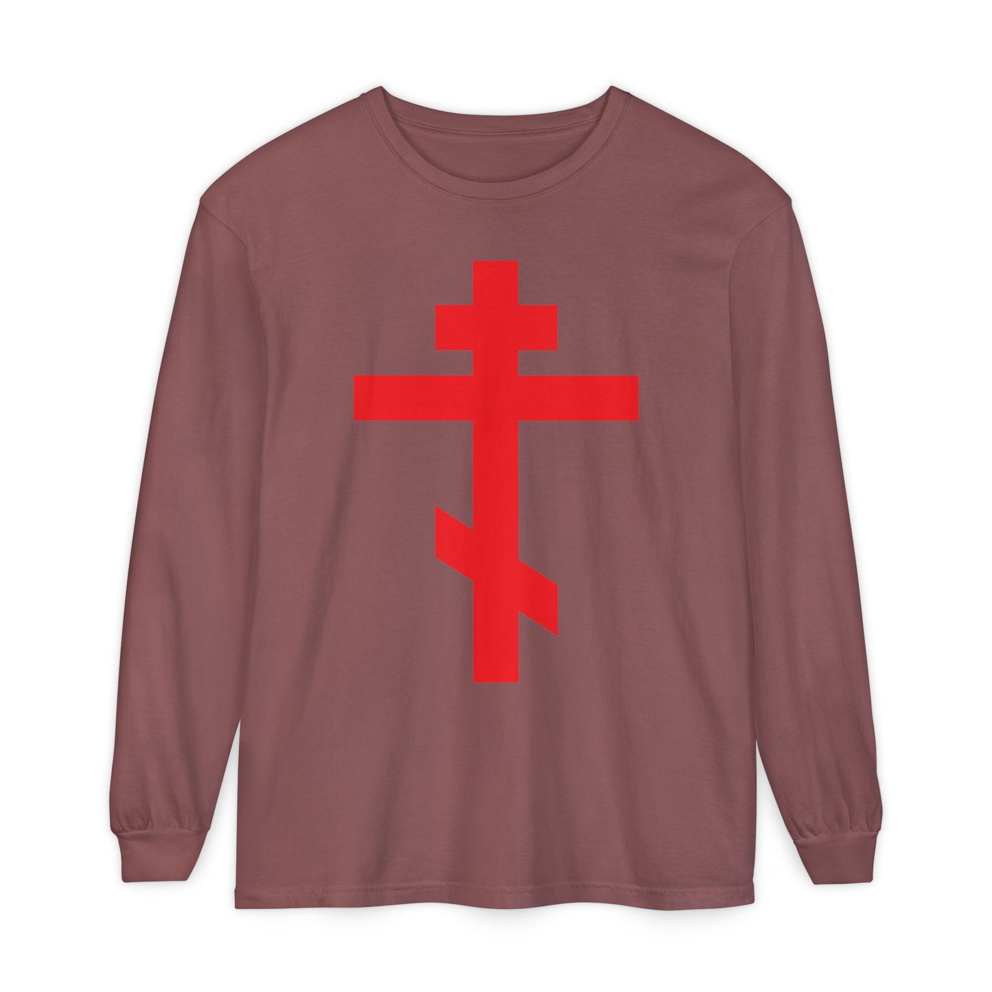 Brick-colored long-sleeve cotton shirt featuring a bright red Orthodox Cross and "Preserve Thy People By Thy Cross, O Lord," inspired by the Troparion of the Cross.