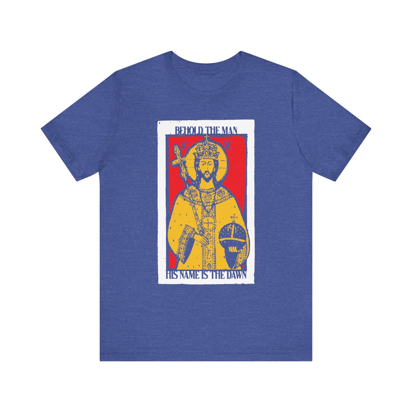 Heather True Royal unisex tee featuring a red & yellow Christ icono-graphic and the phrase "Behold the Man, His Name is the Dawn" (Zechariah 6:12 LXX). Lightweight cotton; Messianic resurrection-inspired design.