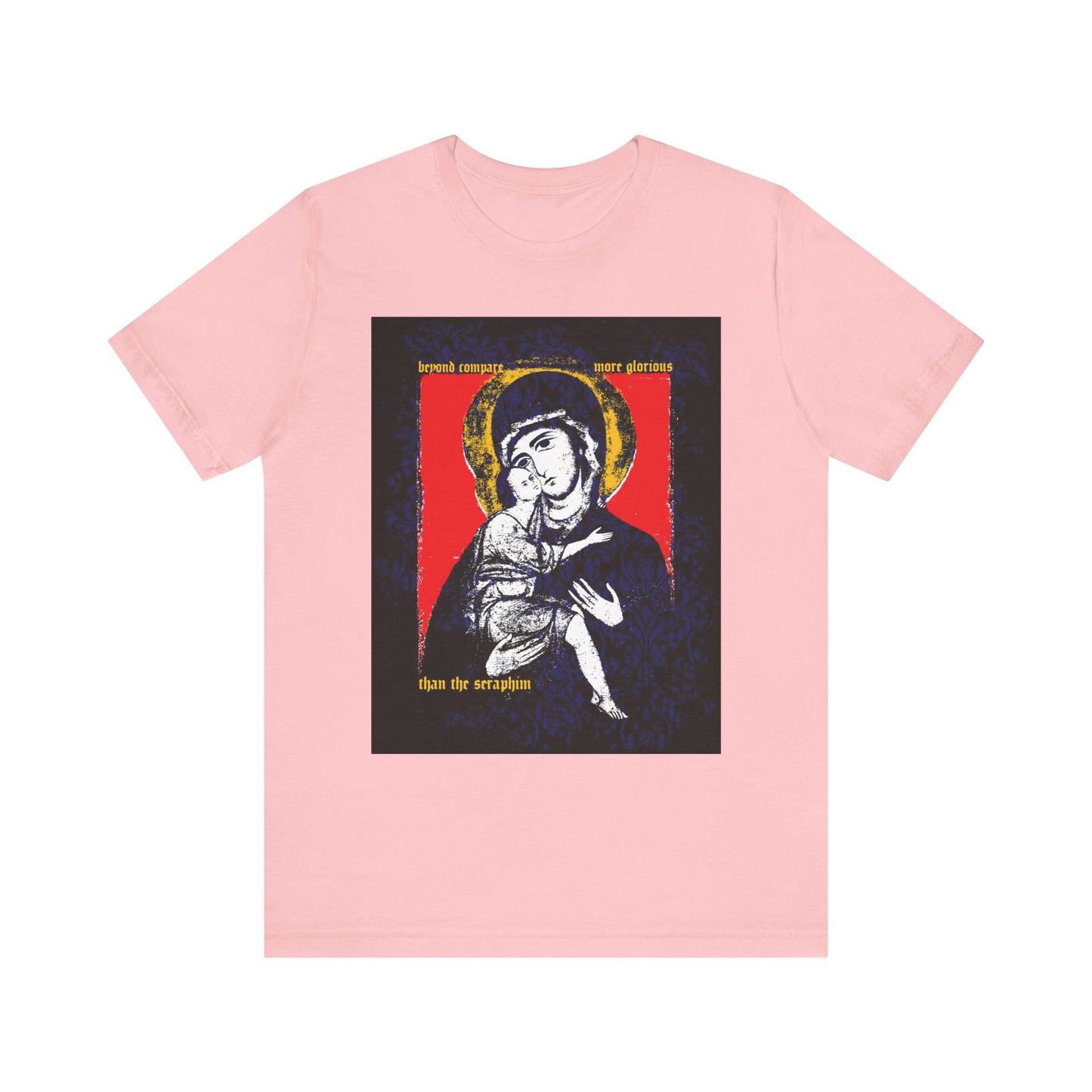 Pink Orthodox lightweight cotton t-shirt featuring the Vladimir Theotokos icon with floral texture, gold halo, and religious text “Beyond Compare More Glorious Than the Seraphim.”.