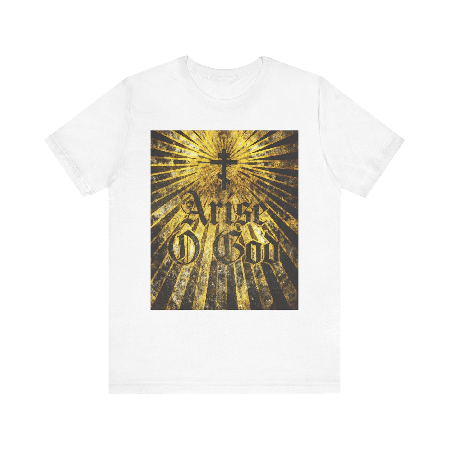 White Arise O God t-shirt in lightweight cotton features a textured Gothic font, Orthodox cross, and golden rays—an inspiring nod to Psalm 81 (82 LXX) and the Divine Council.