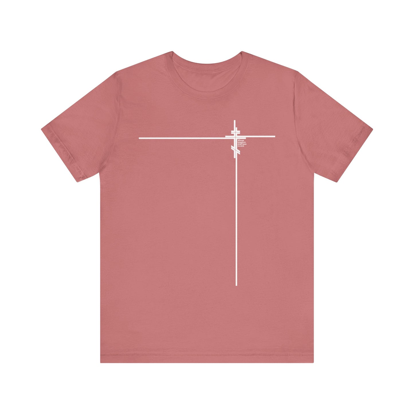 Mauve unisex t-shirt featuring a minimalist Orthodox cross logo on the upper left chest, inspired by Luke 1:32-33 and subtly representing the everlasting Kingdom of God.