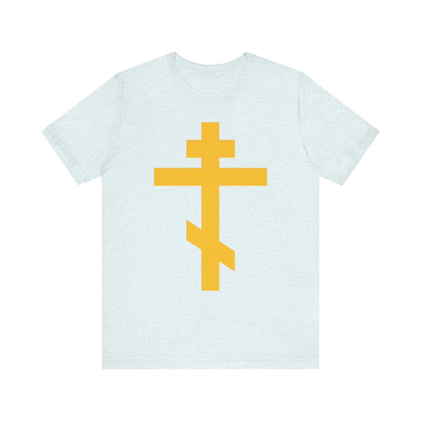 Show your faith in style with this light gray unisex tee, adorned with a large yellow Orthodox cross on the front—"the Precious and Life-Giving Weapon of Unseen Warfare, Scourge of Demons"—inspired by Galatians 2:20 and the message of being crucified with Christ.