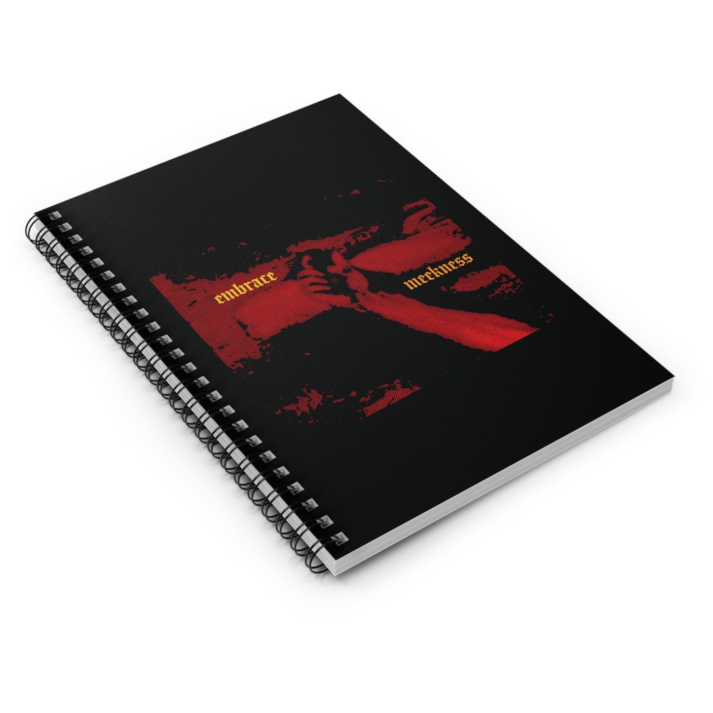 The "Embrace Meekness" spiral notebook features haunting crucified hands of Christ in gothic font—a Christian reminder that meekness and patience can form the foundation for wisdom and inheritance.
