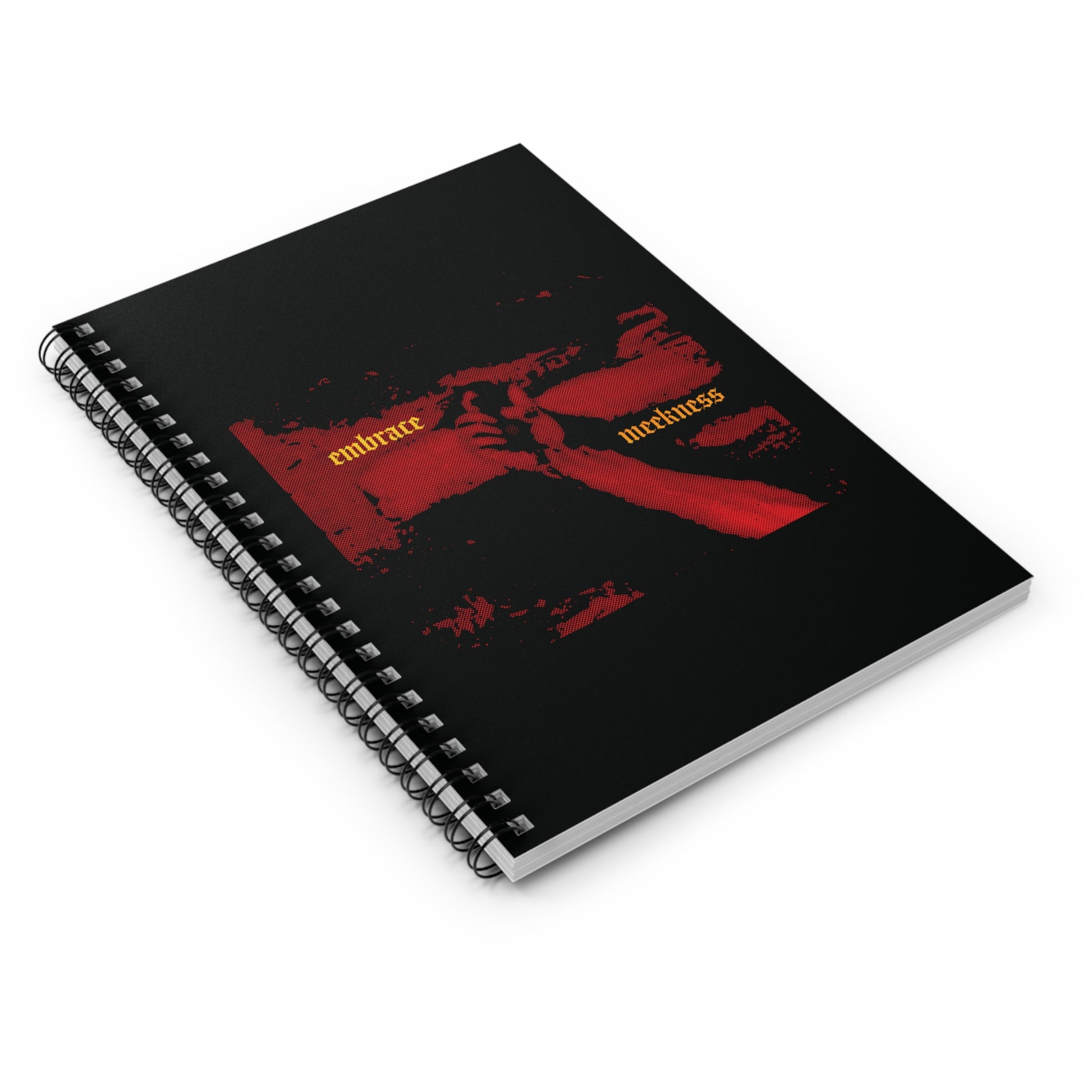 The "Embrace Meekness" spiral notebook features haunting crucified hands of Christ in gothic font—a Christian reminder that meekness and patience can form the foundation for wisdom and inheritance.