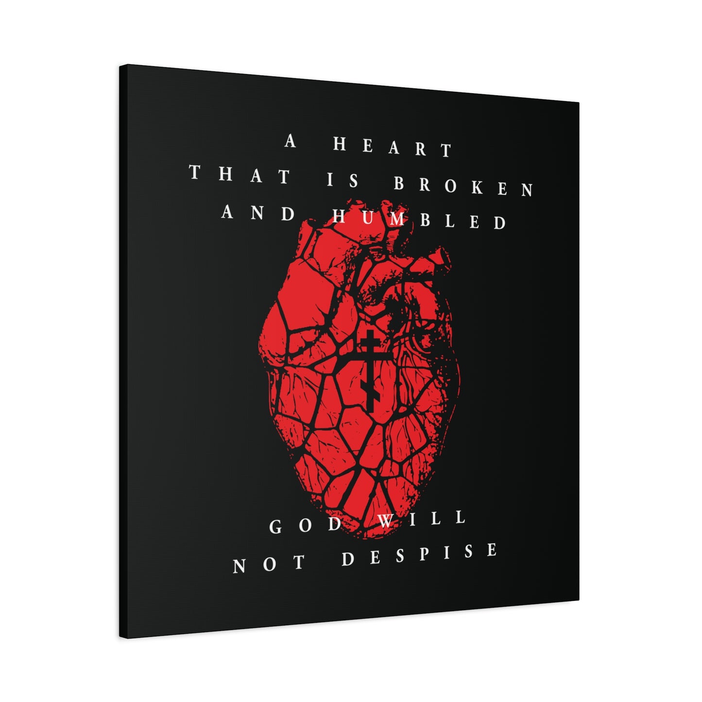 A Heart That is Broken and Humbled God Will Not Despise | Cracked heart with Orthodox cross inspired by Psalm 51 and repentance, featured on Christian canvas art.