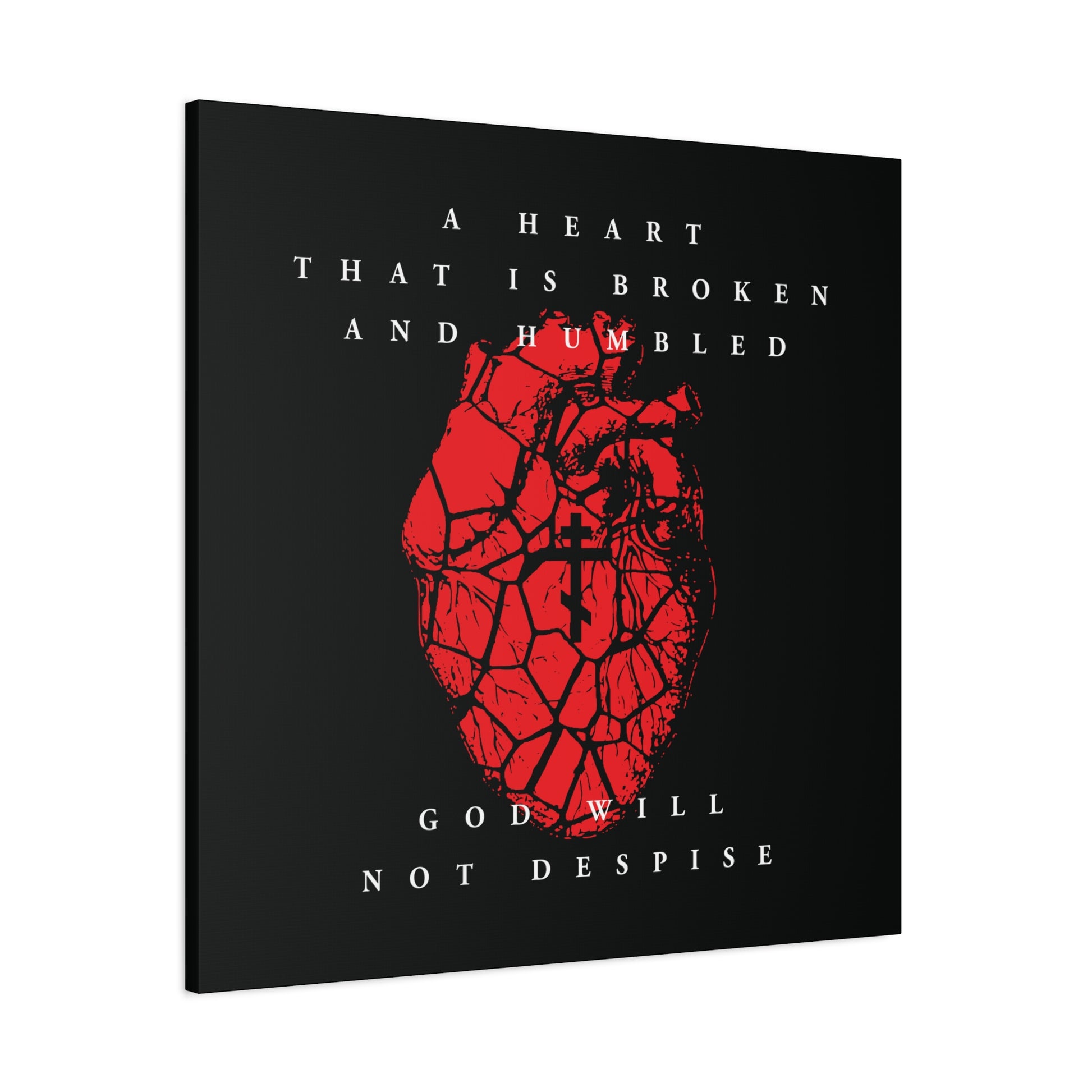 A Heart That is Broken and Humbled God Will Not Despise | Cracked heart with Orthodox cross inspired by Psalm 51 and repentance, featured on Christian canvas art.