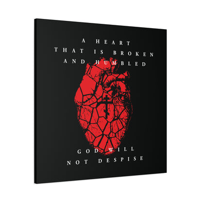 A Heart That is Broken and Humbled God Will Not Despise | Cracked heart with Orthodox cross inspired by Psalm 51 and repentance, featured on Christian canvas art.