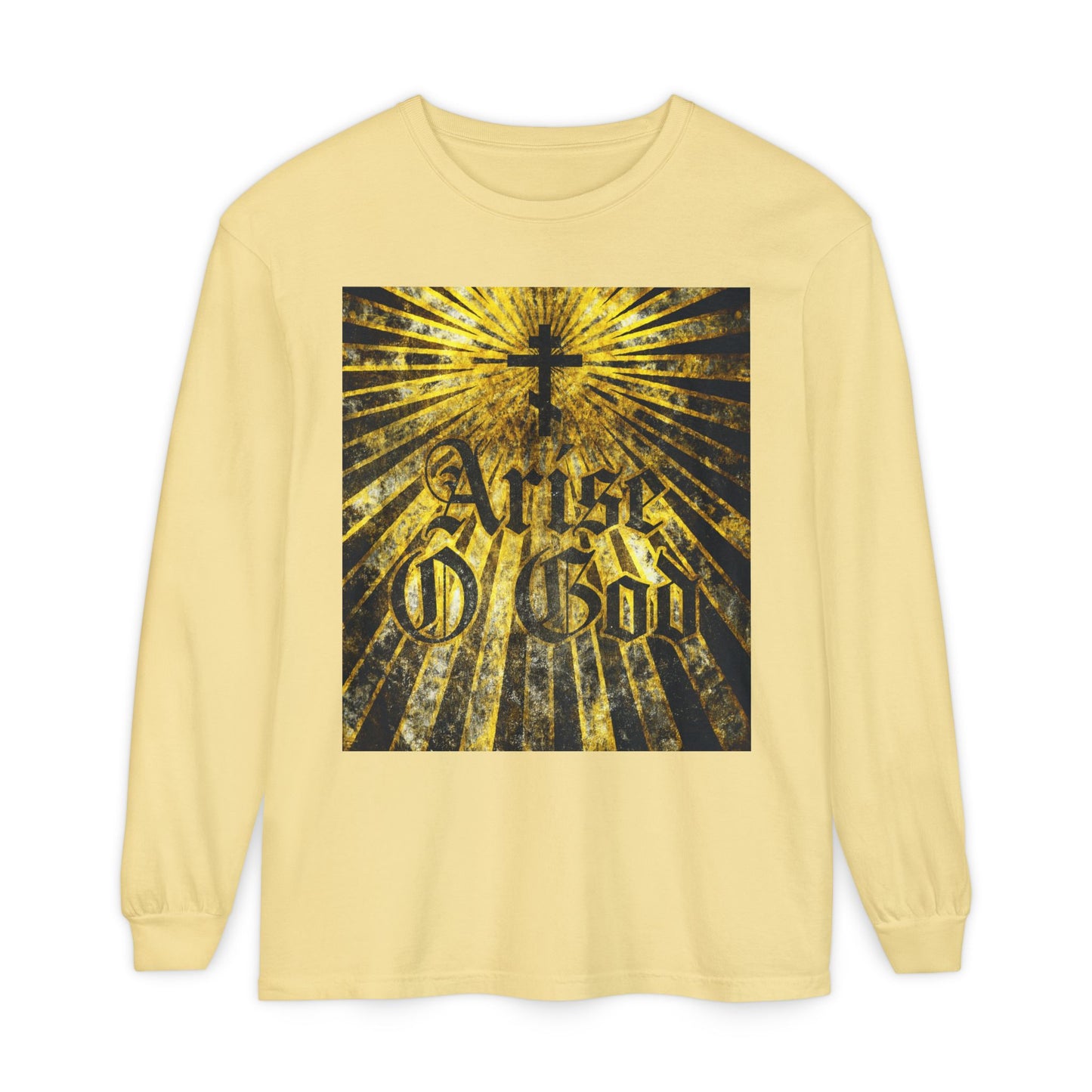 Butter-colored long-sleeve shirt with "Arise O God" in Gothic font, Orthodox Cross, and golden rays on the front, inspired by Psalm 81 (82 LXX) and the Divine Council worldview.