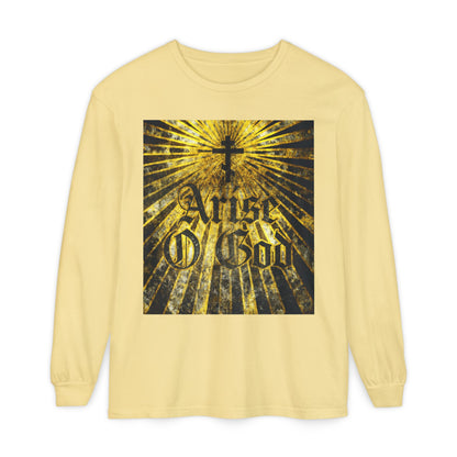 Butter-colored long-sleeve shirt with "Arise O God" in Gothic font, Orthodox Cross, and golden rays on the front, inspired by Psalm 81 (82 LXX) and the Divine Council worldview.