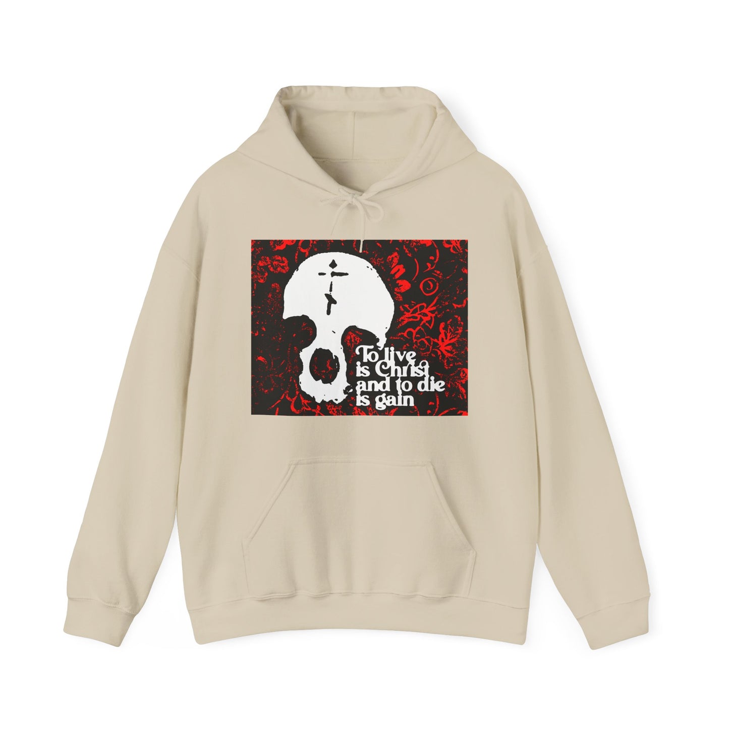 To Live is Christ To Die is Gain (Phil 1:21) | Skull with Cross on Red Floral Texture | Orthodox Christian Hoodie / Hooded Sweatshirt