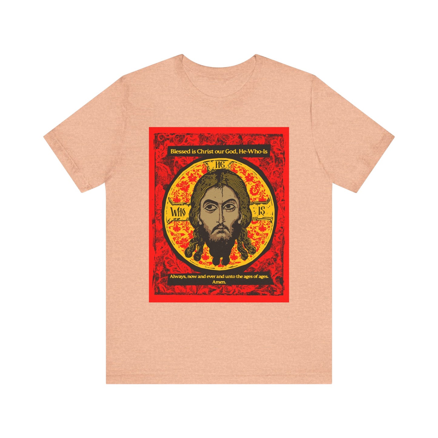 Heather Peach unisex tee featuring a graphic of Jesus Christ as the "Made Without Hands" Orthodox icon, inspired by the Mandylion tradition. Lightweight cotton, perfect for celebrating Christian heritage and art.