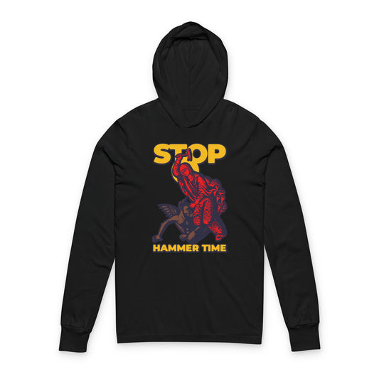 Black hoodie featuring St Marina of Antioch beating the devil with a hammer, bold “STOP HAMMER TIME” text in red, blue, and yellow—a modern Orthodox meme honoring legendary Christian courage.