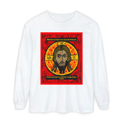 The Remembrance of Death “Made Without Hands” long-sleeve shirt features a red, black & yellow Orthodox icon of Jesus Christ with halo, Troparion Tone 2 text above (“Blessed is Christ our God, He-Who-Is”), and more text below on a red background.