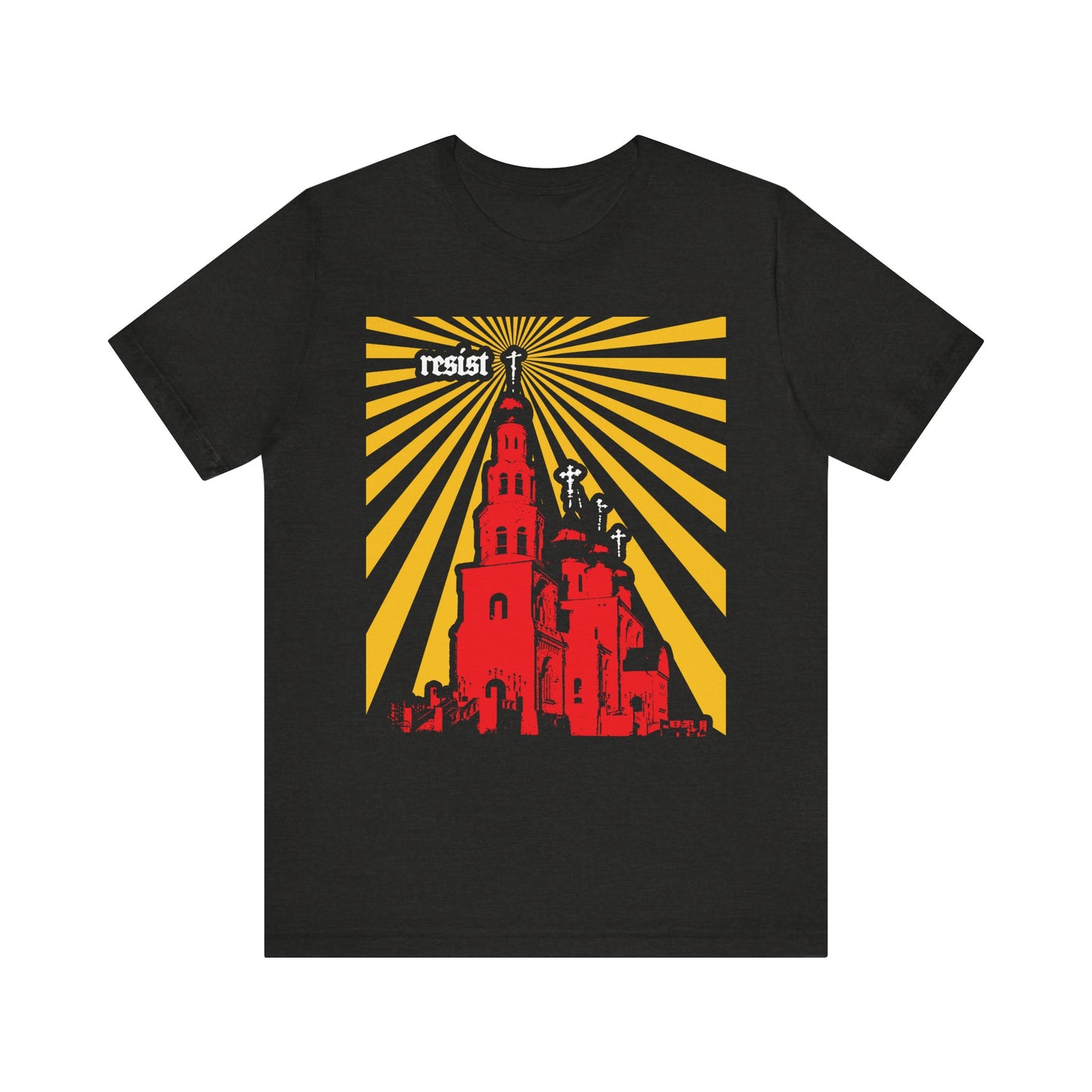 Black Heather "Resist (Orthodoxy Against the World) | The Orthodox Church is a Beacon for the World" lightweight cotton unisex tee, featuring a bold red church with yellow sun rays and the word “resist” near the top left—a striking design that reflects St. Ignatius Brianchaninov’s warnings against the spirit of the age and contemporary apostasy.