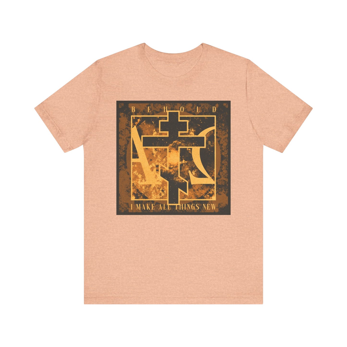 The “Behold, I Make All Things New (Rev 21:5)” lightweight unisex t-shirt in heather peach features a brown & orange Orthodox cross with Alpha & Omega background, inspired by the promise of renewal.