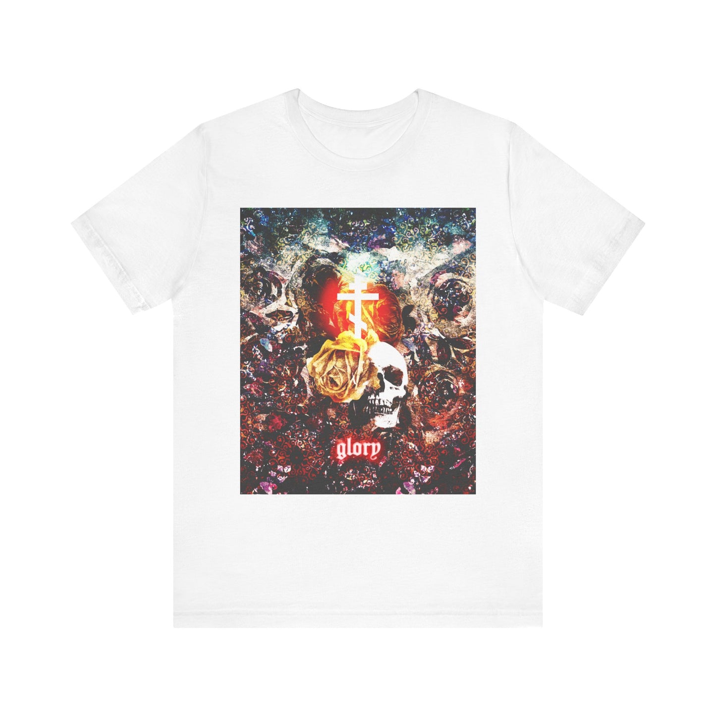 White "Now the Son of Man is Glorified (John 13:31)" Orthodox Christian unisex lightweight cotton tee featuring a glowing skull and floral cross design on the front, inspired by themes from the Last Supper and Jesus's betrayal by Judas Iscariot.