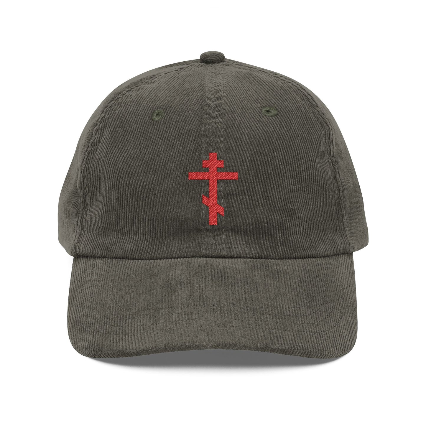 Simple Red Orthodox TriBar Cross | Weapon of Unseen Warfare Which Makes Demons Tremble | Orthodox Christian Embroidered Cotton Corduroy Cap