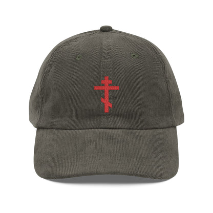 Simple Red Orthodox TriBar Cross | Weapon of Unseen Warfare Which Makes Demons Tremble | Orthodox Christian Embroidered Cotton Corduroy Cap