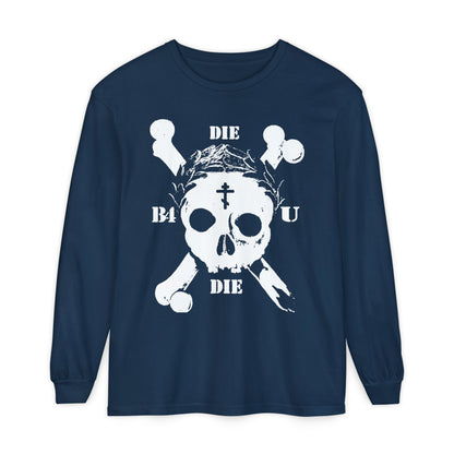 The Die Before You Die True Navy long sleeve features a retro skull and crossbones, Orthodox cross, laurel wreath, and “Memento Mori”—a bold ascetic Christian design inspired by Matthew 16:24-25.