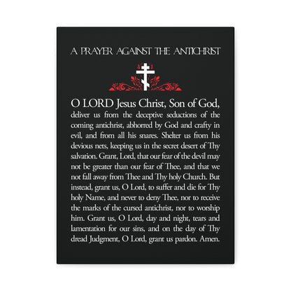 Orthodox Christian wall art featuring "Prayer Against the Antichrist By Elder Anatoly the Younger of Optina," with a red cross on black, inspired by the Book of Revelation and proclaiming "Christ is King.